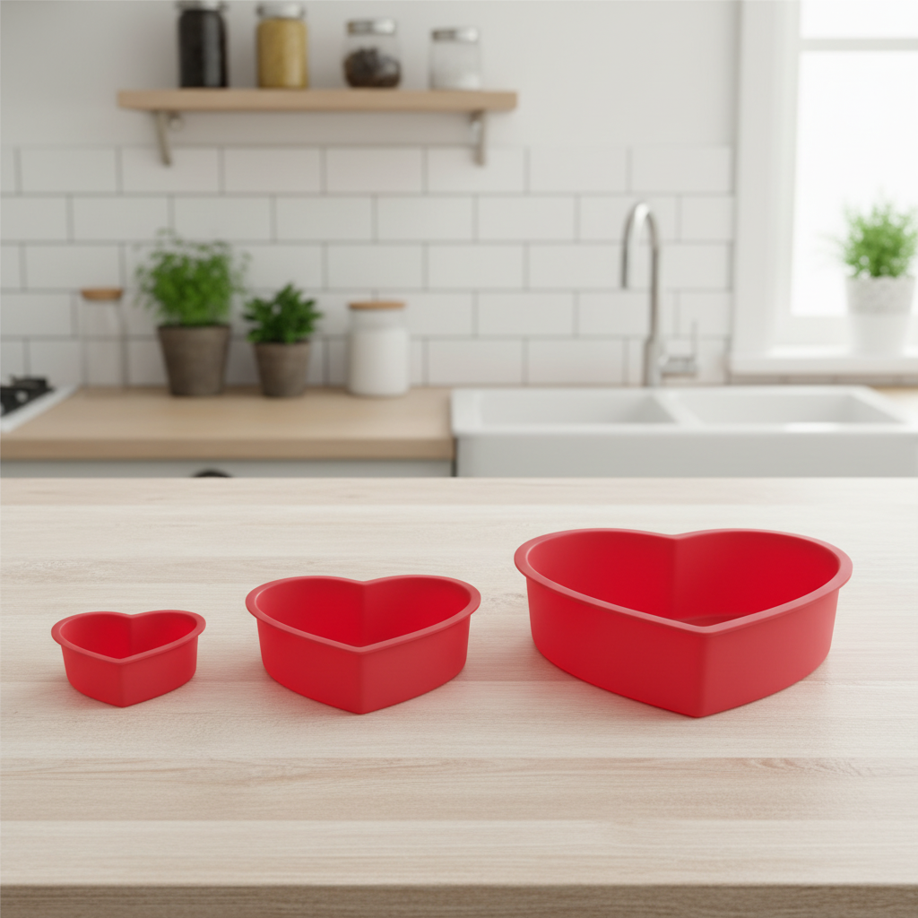 Trois Moule Silicone coeur posés sur table cuisine