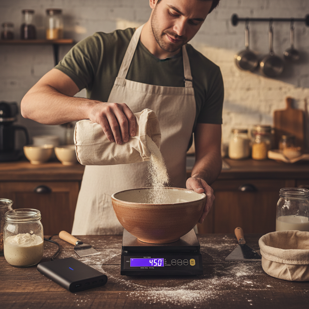 Versement farine dans bol sur Balance de precision patisserie