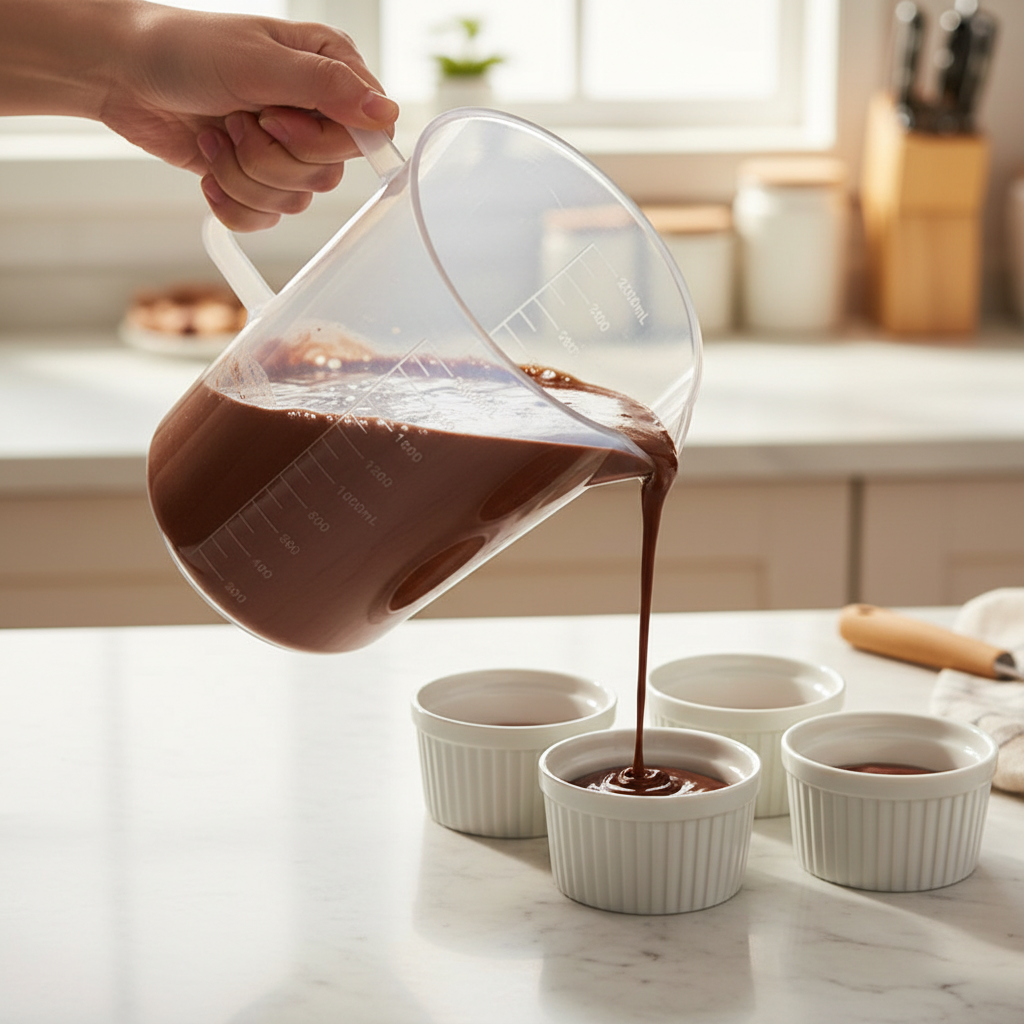 Mains verse chocolat dans petit bol avec Tasse à mesurer