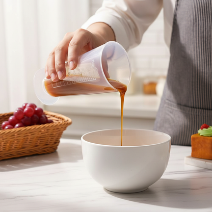 Versement caramel dans bol avec Tasses à mesurer