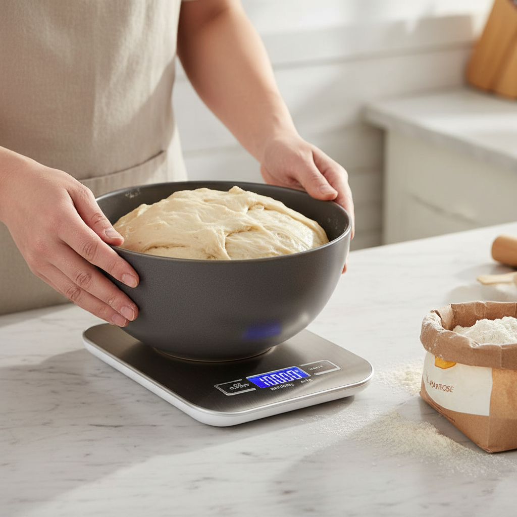 Pesée pâte pain dans bol avec Balance de precision patisserie