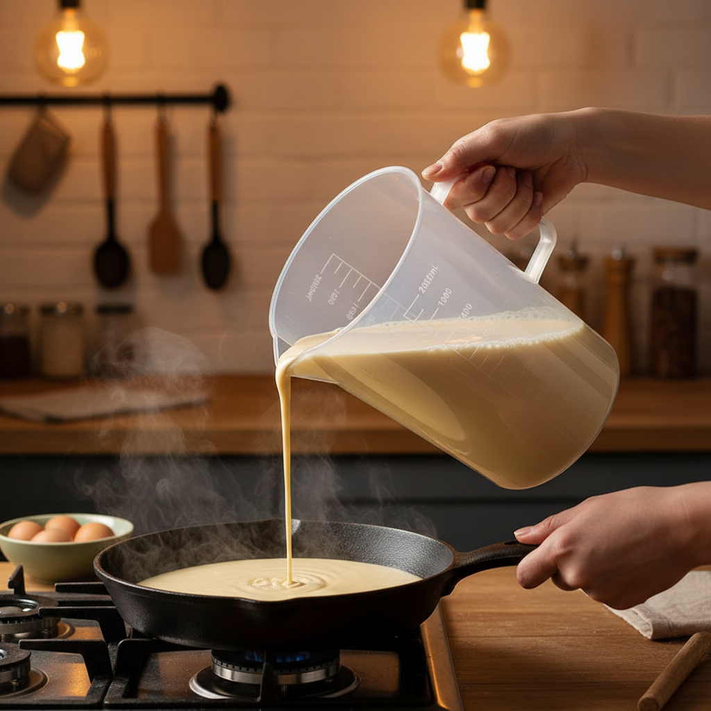 Mains versant pâte crêpe dans poêle avec Tasse à mesurer