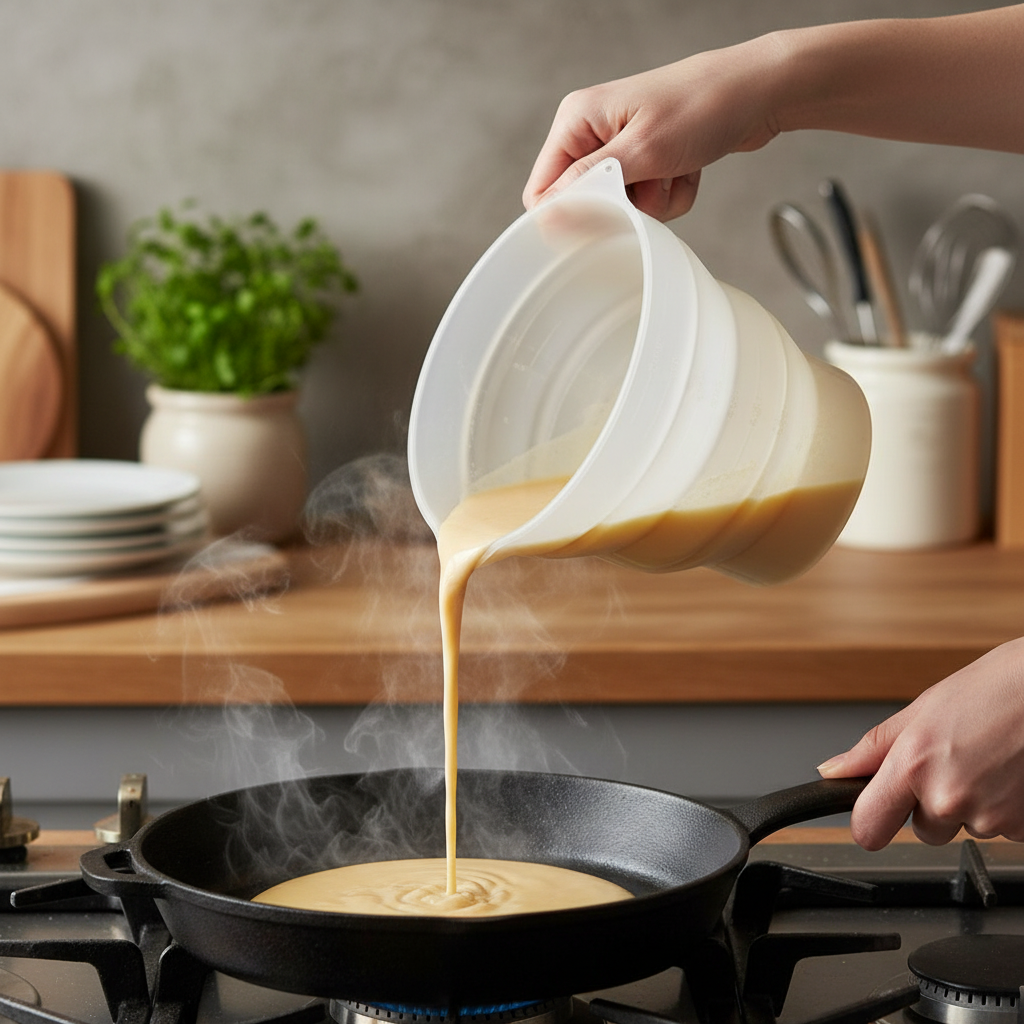 Versement pâte à crêpe dans poêle avec Verre mesureur 500ml 