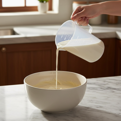 Mains verse lait dans bol avec Tasse à mesurer 