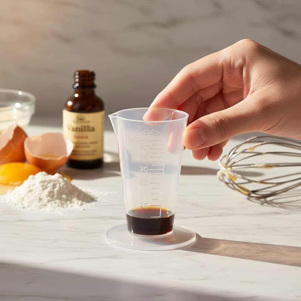 Mains tenant Tasses à mesurer avec liquide vanille 