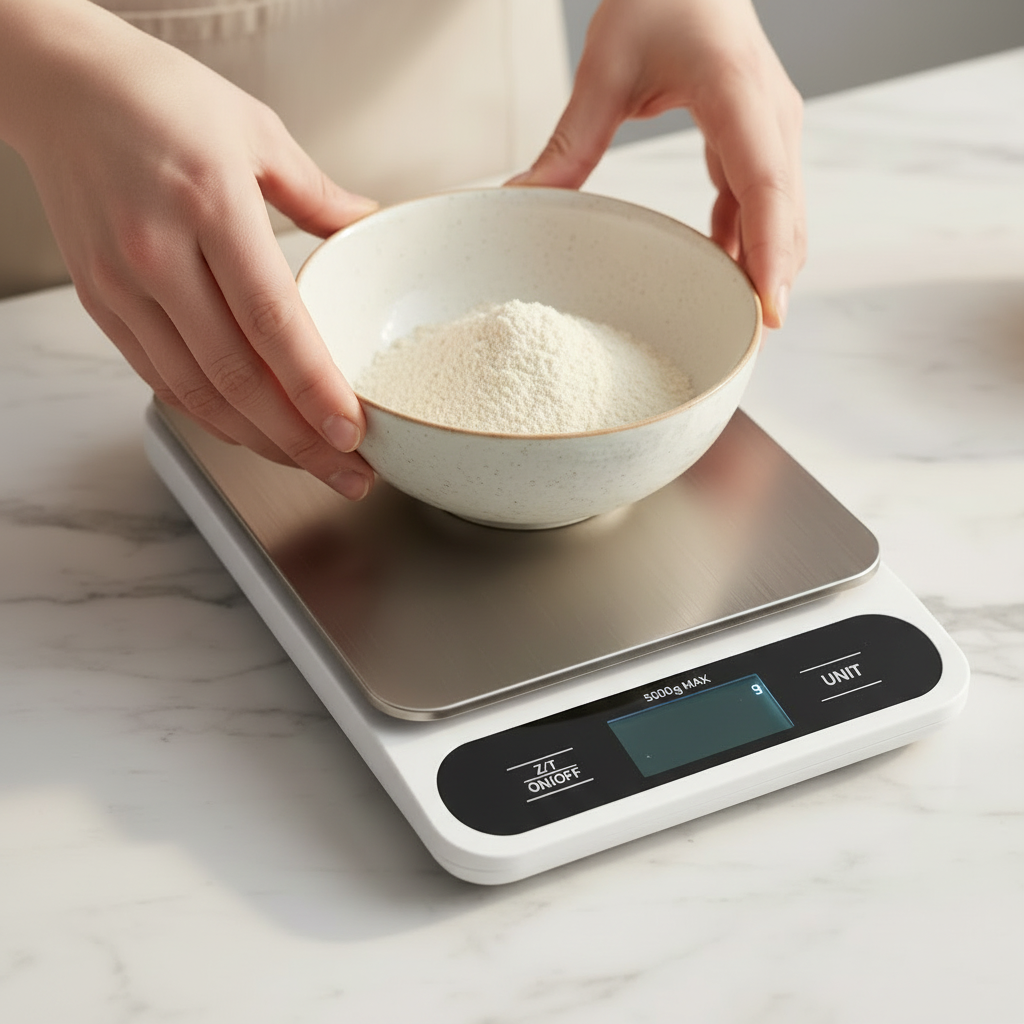 Pesée farine dans petit bol avec Balance a patisserie