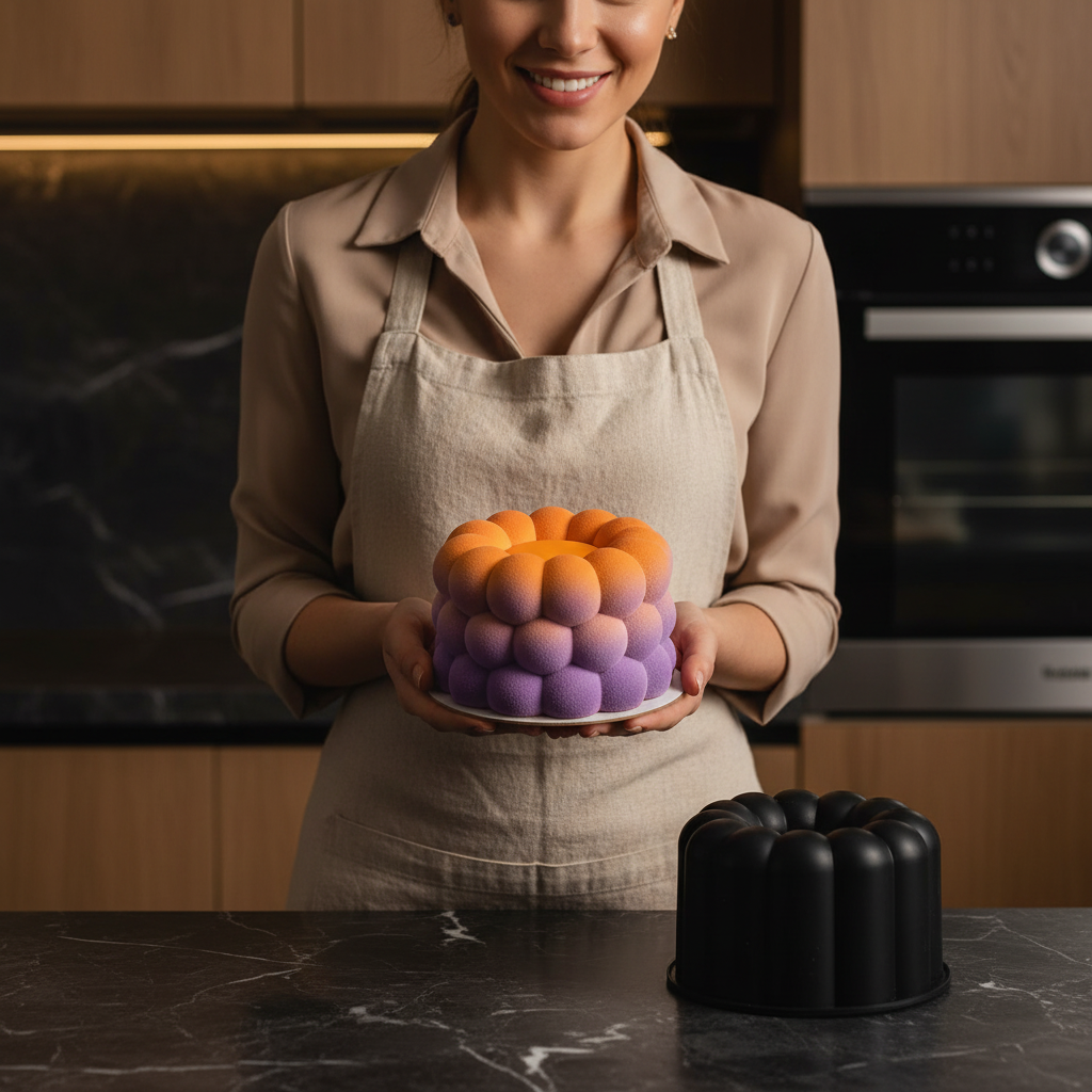 Moules bento cake et femme tenant bento cake dans cuisine