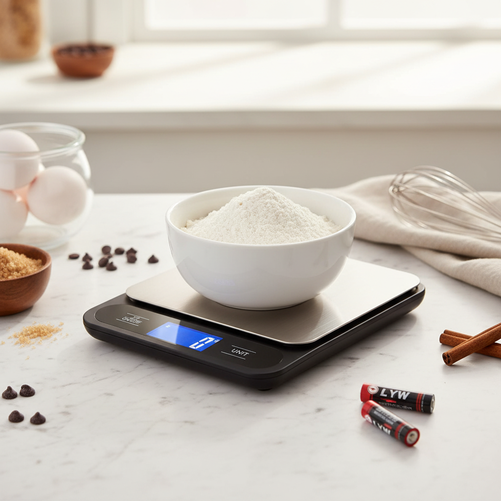 Balance a patisserie alimenté avec piles dans cuisine