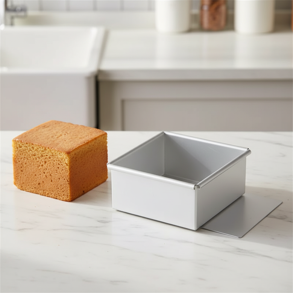 Moule à gateau carré et gâteau sur table marbre 