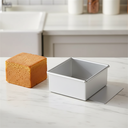 Moule à gateau carré et gâteau sur table marbre 