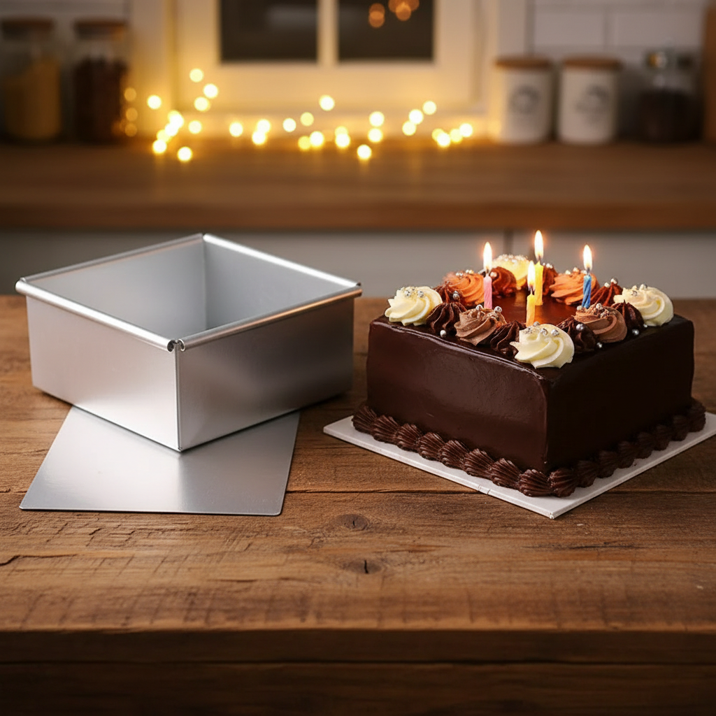 Moule à gateau carré et gâteau chocolat sur table bois