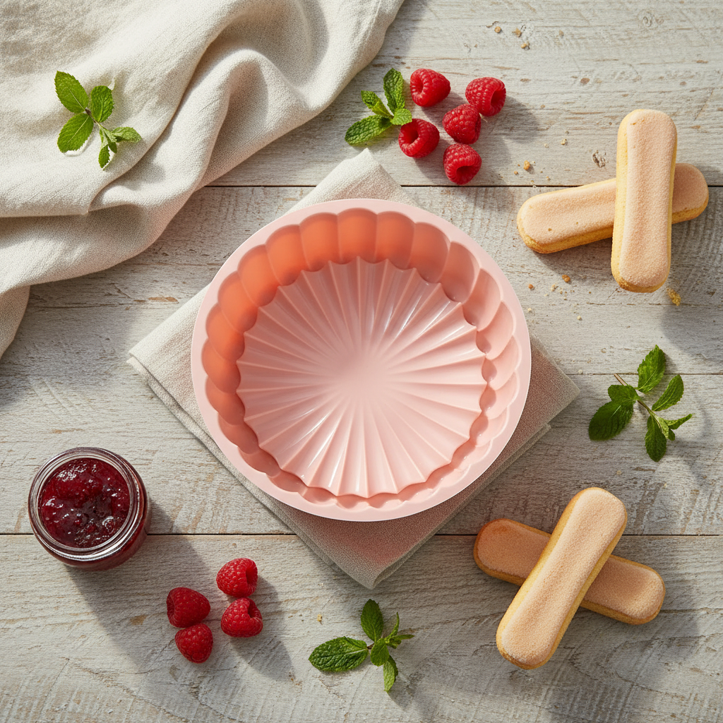 Moule Charlotte avec boudoirs et framboise sur table bois 