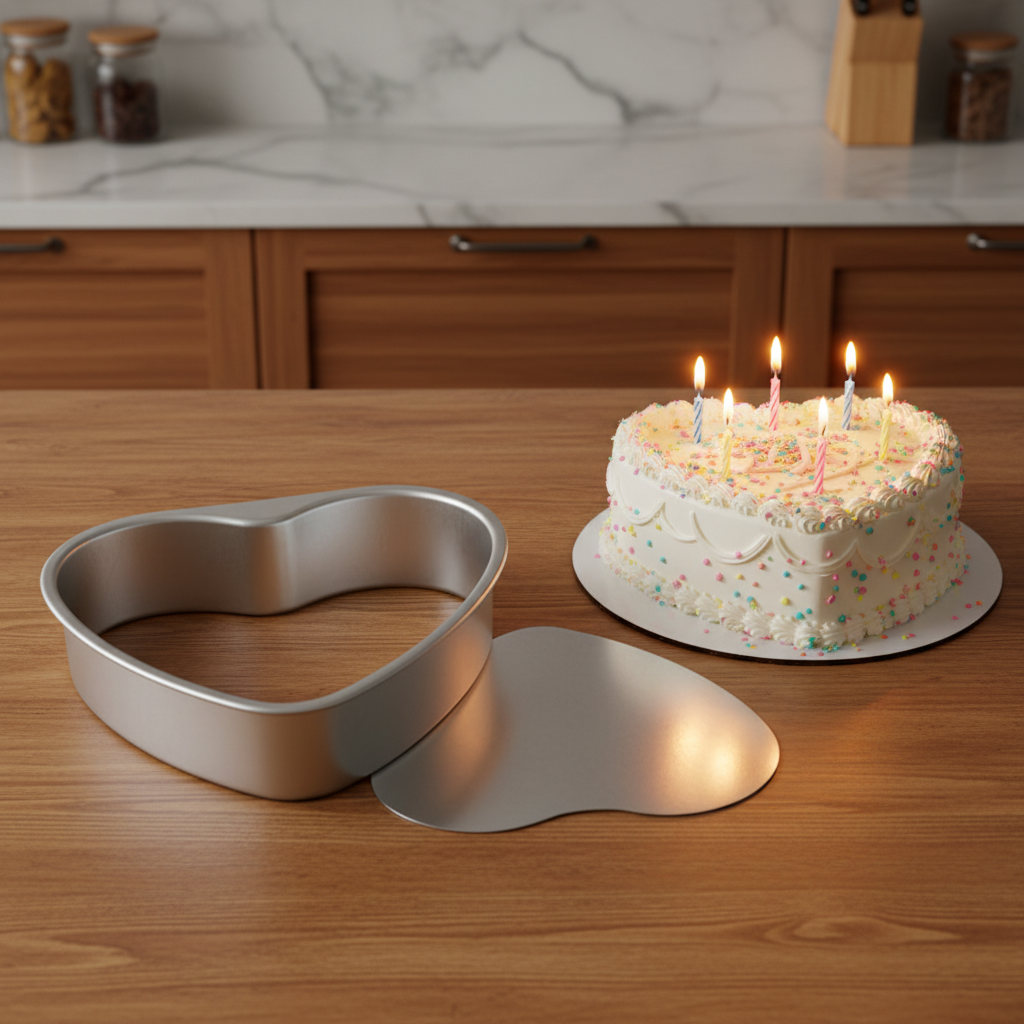 Moule a gateau coeur avec cake anniversaire sur table cuisine 