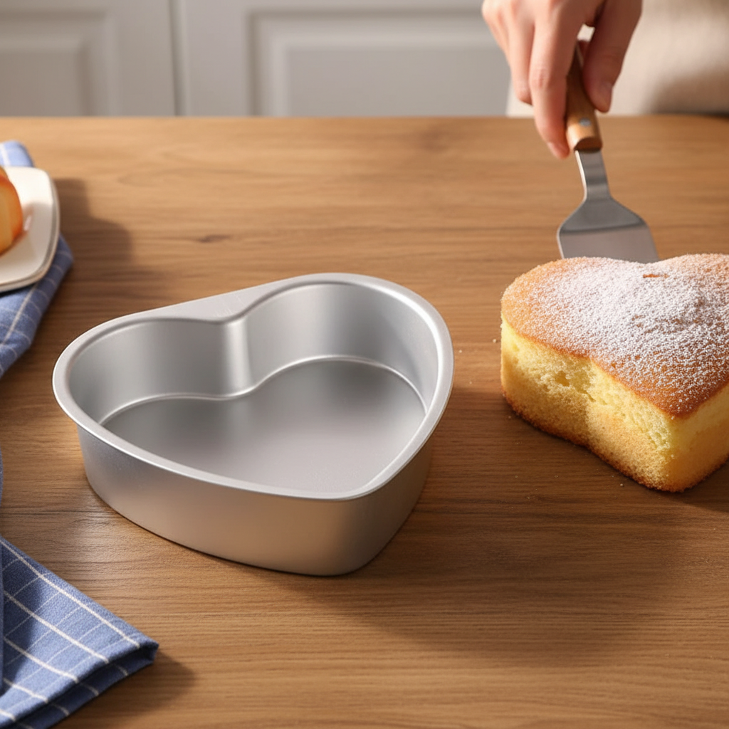 Moule gateau coeur et Gâteau vanille sur table bois 