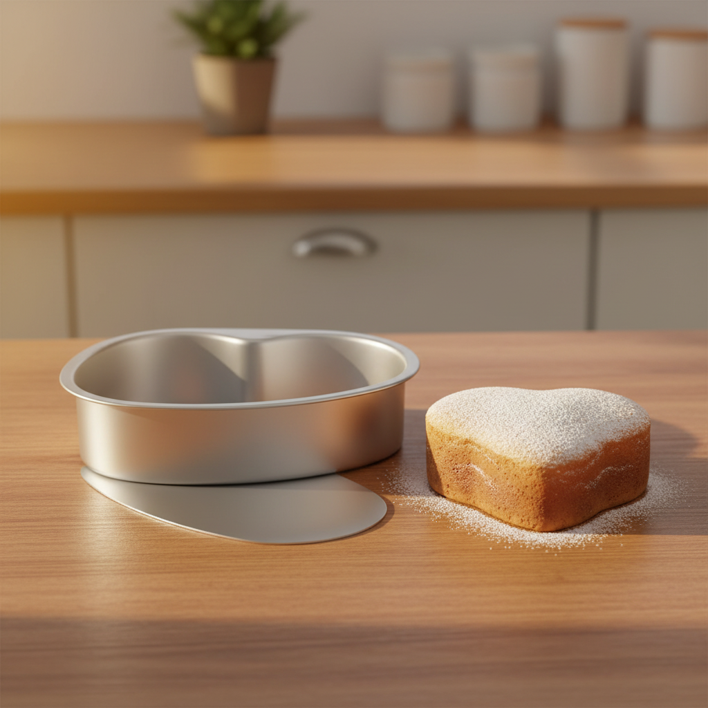 Moule a gateau coeur avec gâteau sur table cuisine bois 