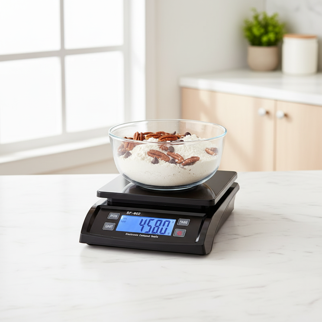 Pesée farine et noix pécans avec Balance pour patisserie 