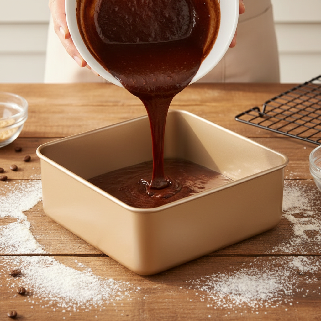 Versement préparation chocolat dans Moule a gateau carré