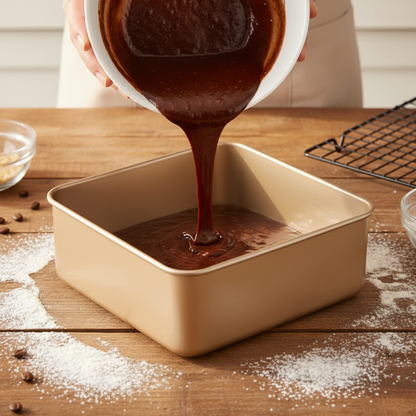 Versement préparation chocolat dans Moule a gateau carré