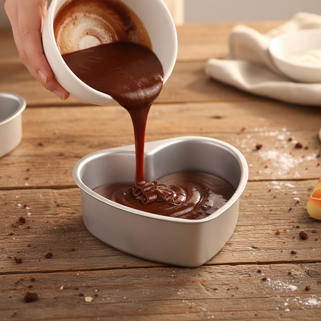 Versement pâte brownie dans petit Moule gateau coeur