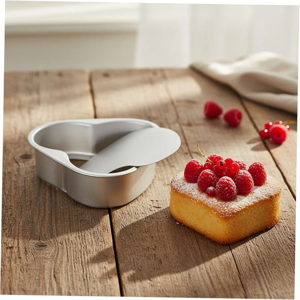 Moule a gateau coeur avec cake sur table bois 