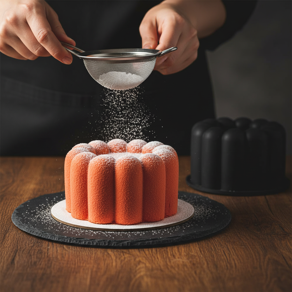 homme saupoudre gâteau avec mini moule à charlotte