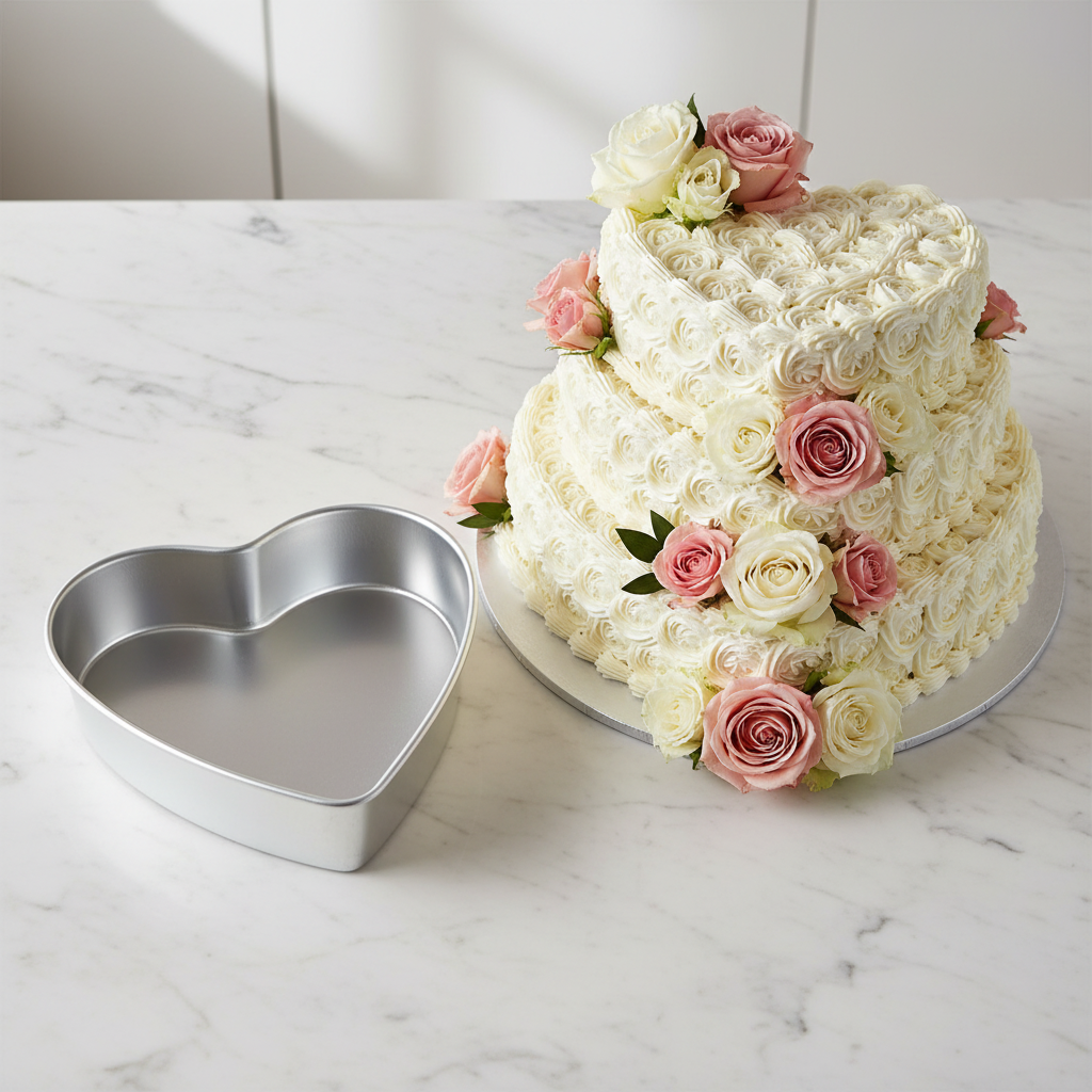 Moule gateau coeur et weeding cake sur plan cuisine 