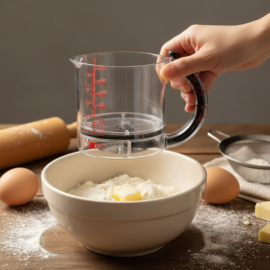 Main tenant verre doseur au dessus d'un bol