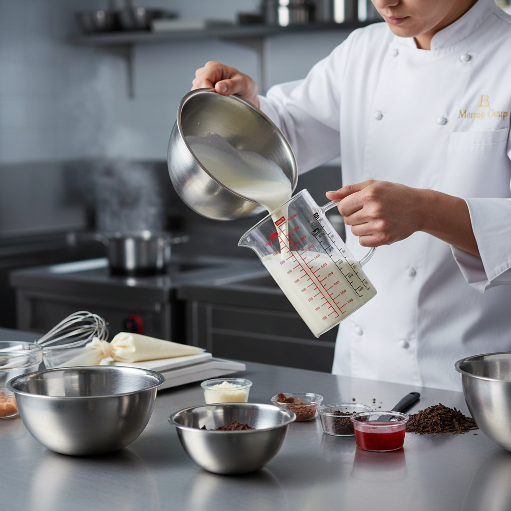 Chef pâtissier verse préparation pâtissière dans Verre doseur en verre