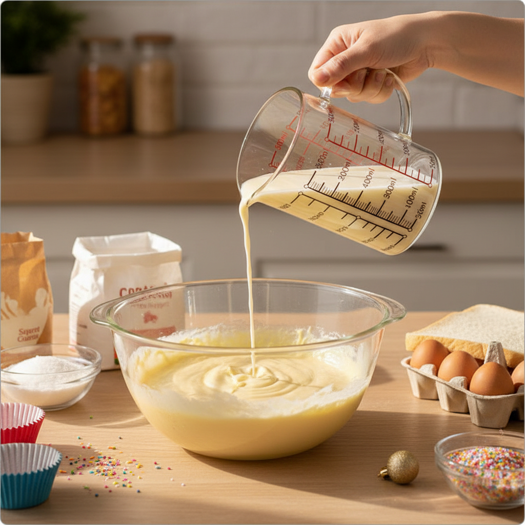 Versement préparation pâtissière avec Verre doseur en verre 1000ml