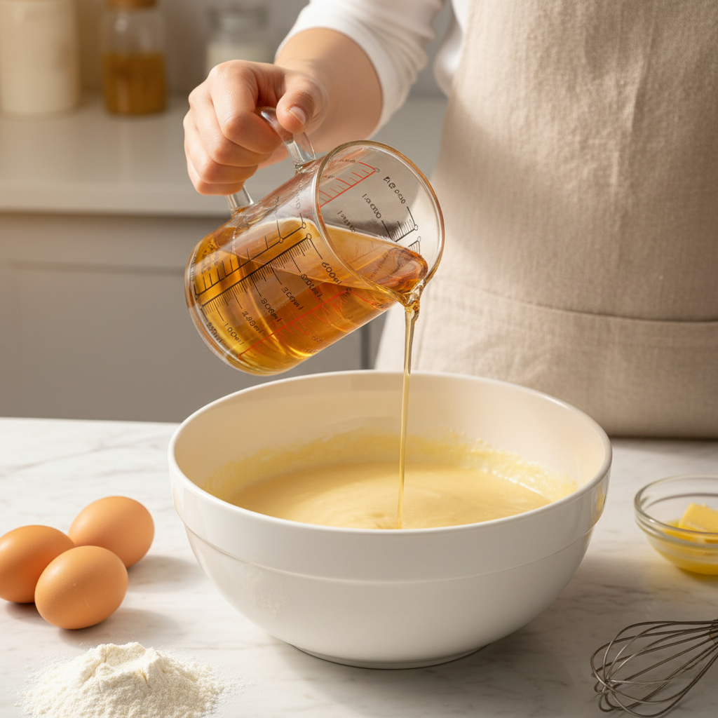 Versement huile dans bol avec Verre doseur en verre 500ml