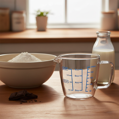 Verre doseur en verre 500ml dans cuisine avec ingrédient