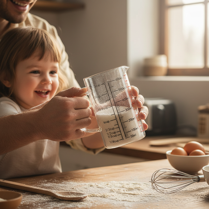 Enfant et père prenant Verre doseur en verre remplis farine 