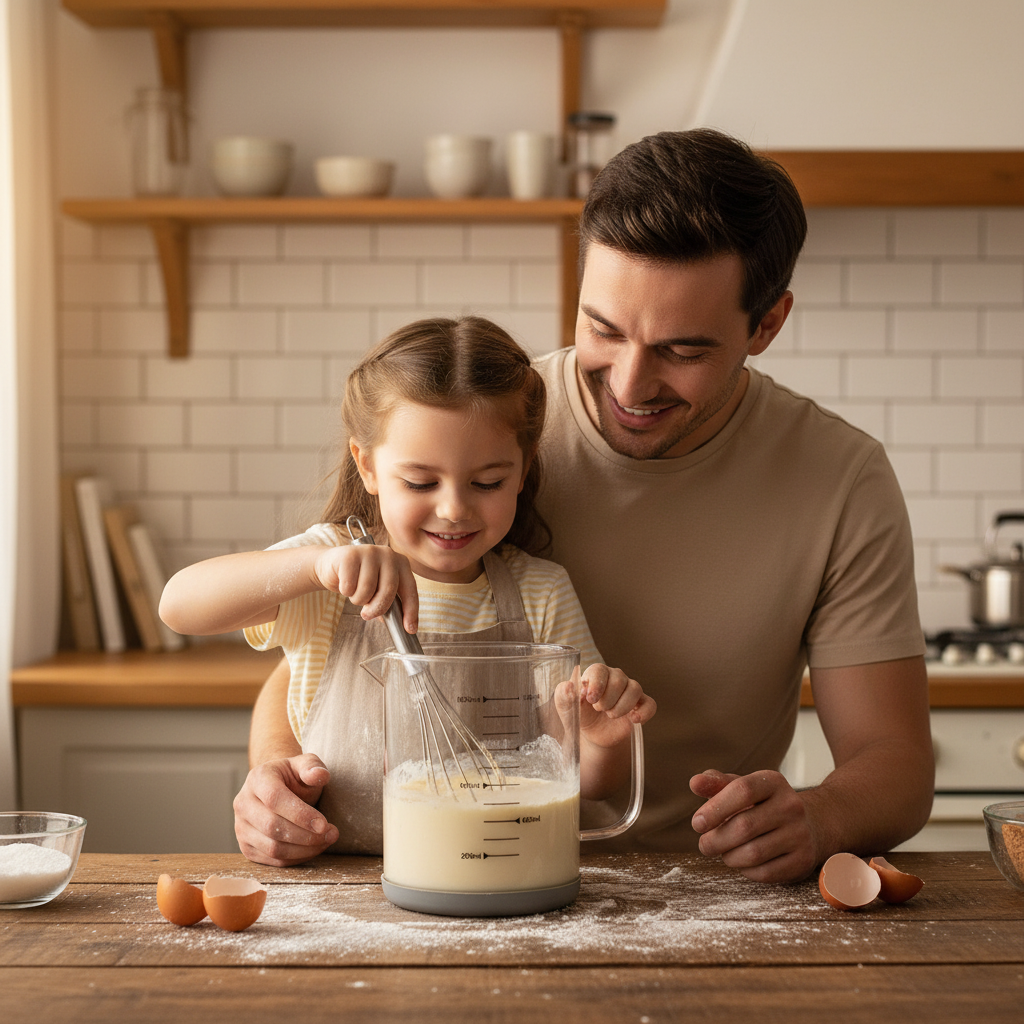 Père et fille mélange préparation dans Verre doseur en verre