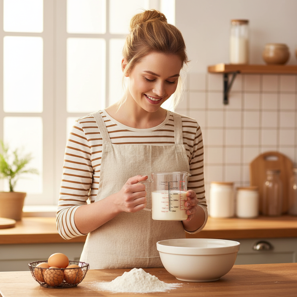 Femme tenant Verre doseur en verre remplis lait dans cuisine 