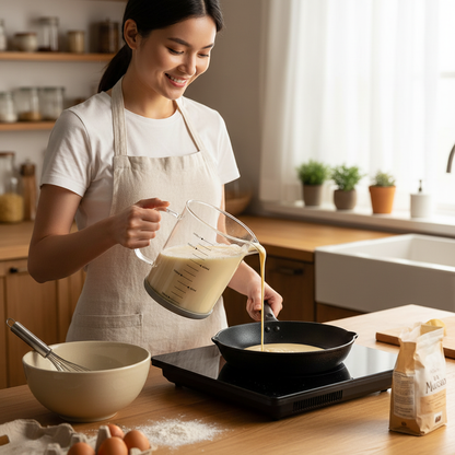 Femme verse préparation crêpe avec Verre doseur en verre