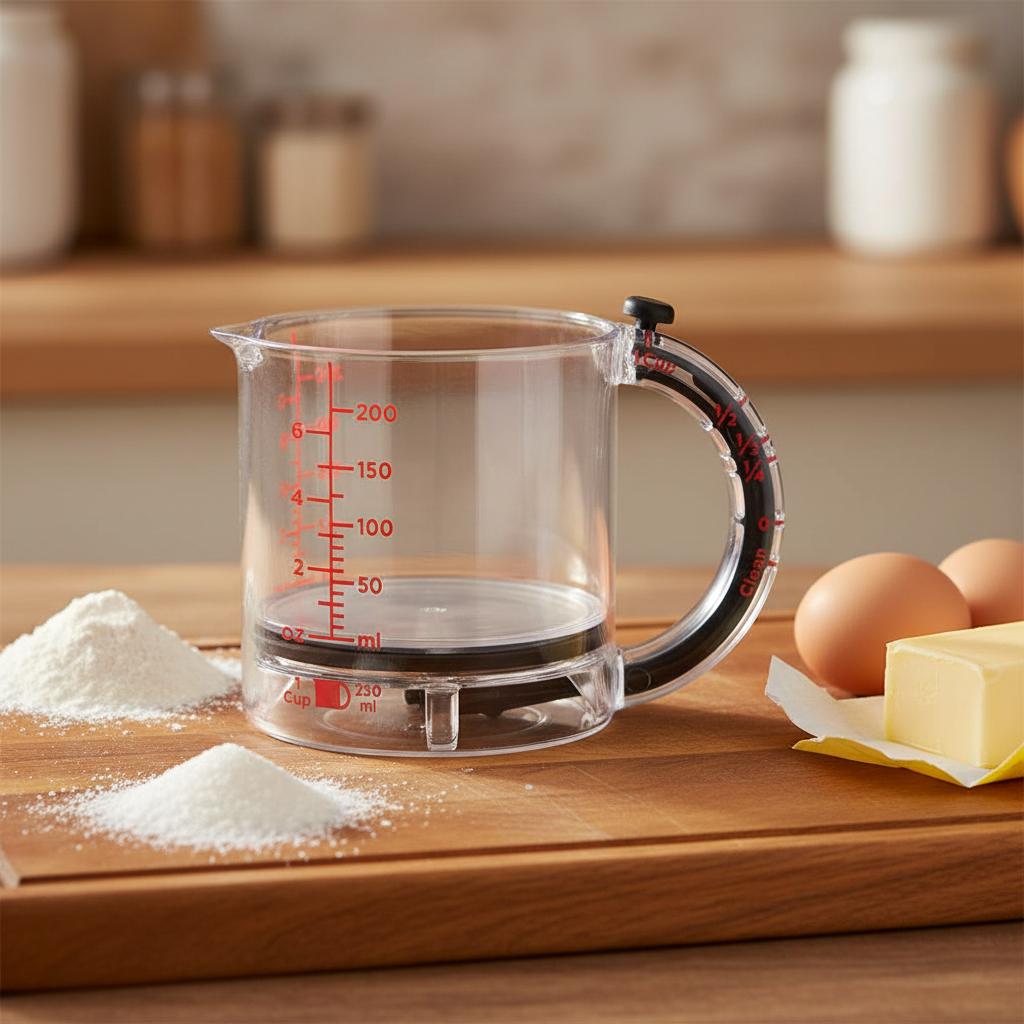 Verre doseur sur plan de cuisine avec ingrédient