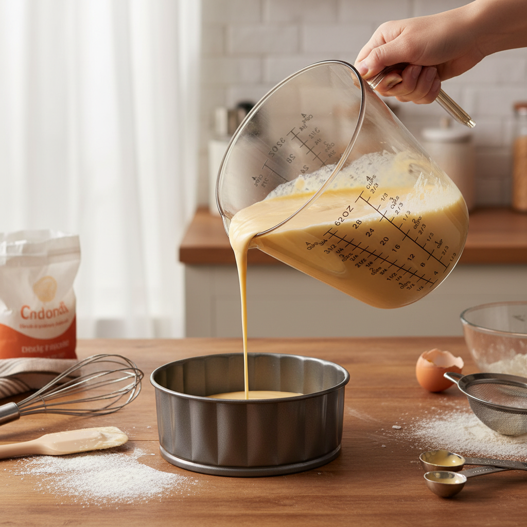 Versement préparation dans moule gâteau avec Verre doseur ml 600ml