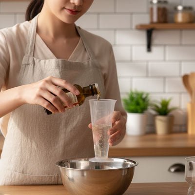 Femme mesurant liquide avec Tasses à mesurer