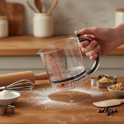 Verre doseur tenu en main sur plan de travail cuisine 