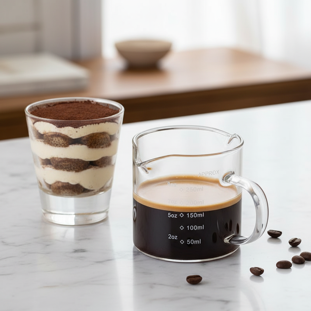 Verre mesureur verre sur table marbre avec tiramisu