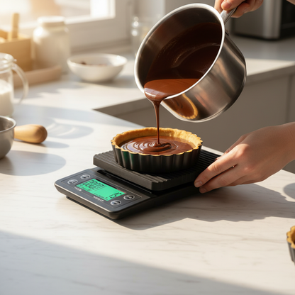 pesé crème chocolat avec balance patisserie noir dans cuisine