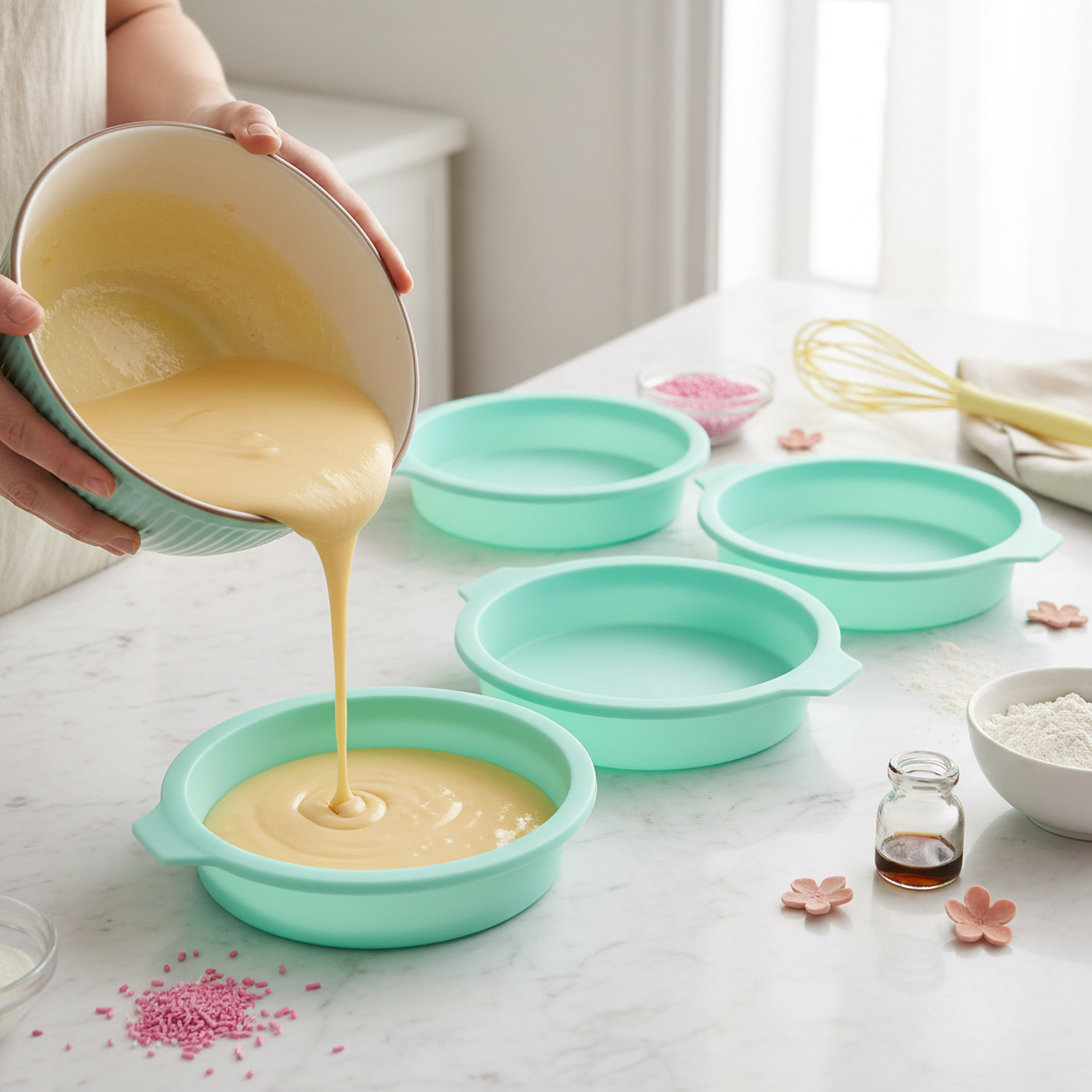 versement pâte gâteau dans moule en silicone rond