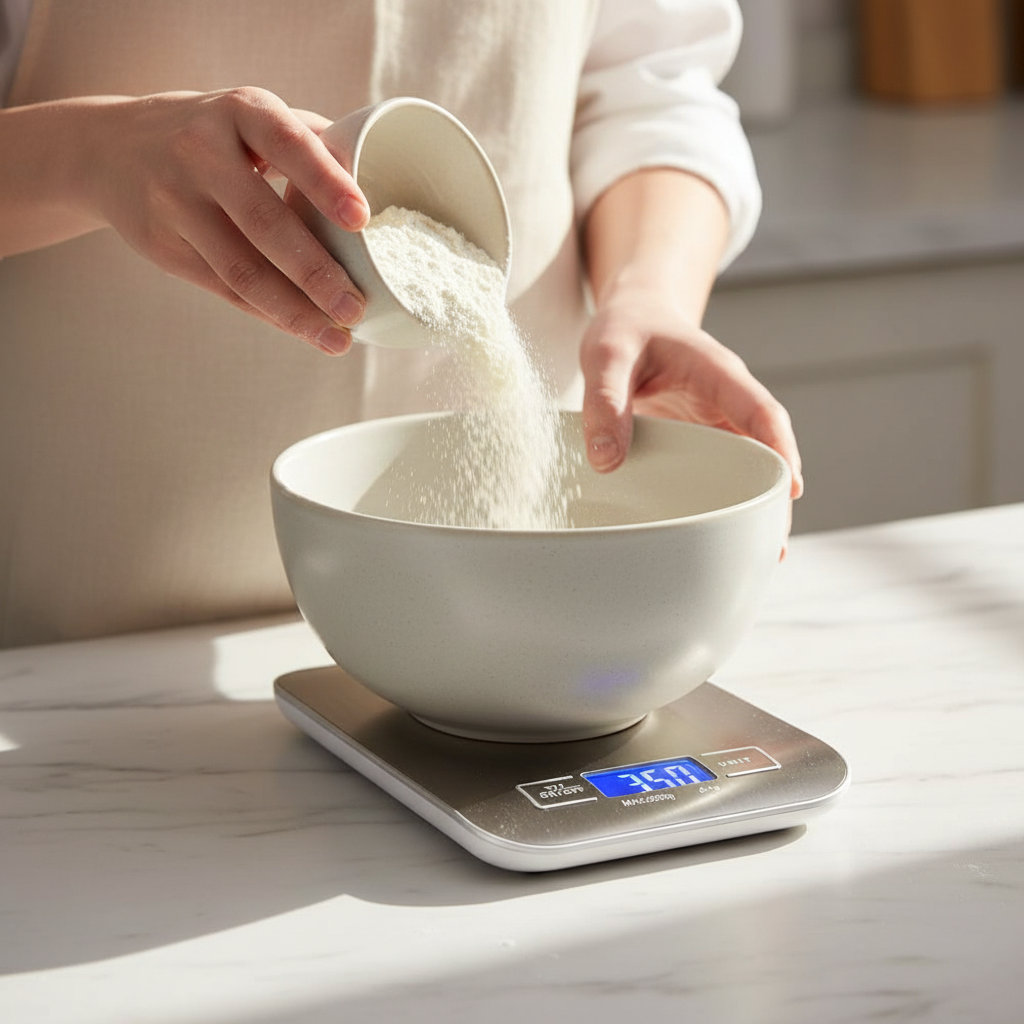 femme pèse farine avec balance de precision patisserie sur table