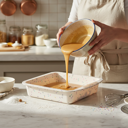 Versement pâte dans Moule en silicone carré dans cuisine
