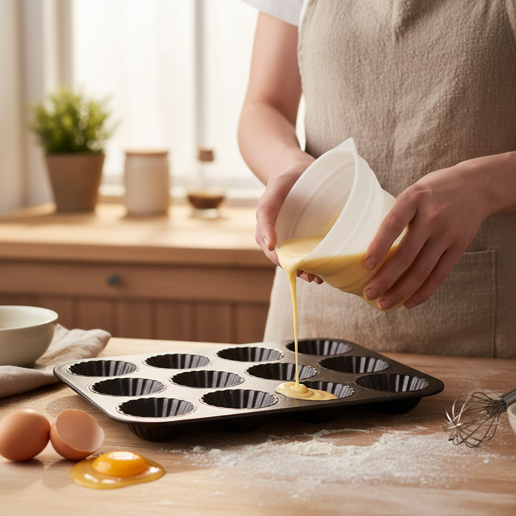 Versement pâte madeleines avec Verre mesureur