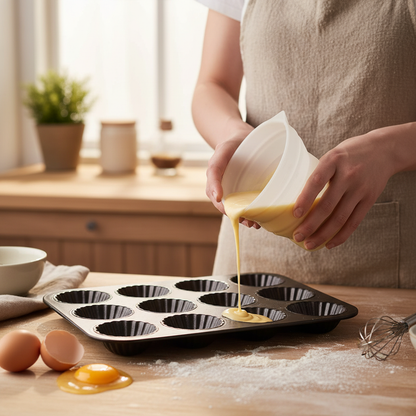 Versement pâte madeleines avec Verre mesureur