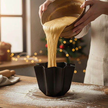 Versement pâte pandoro dans Moule à Pandoro noir