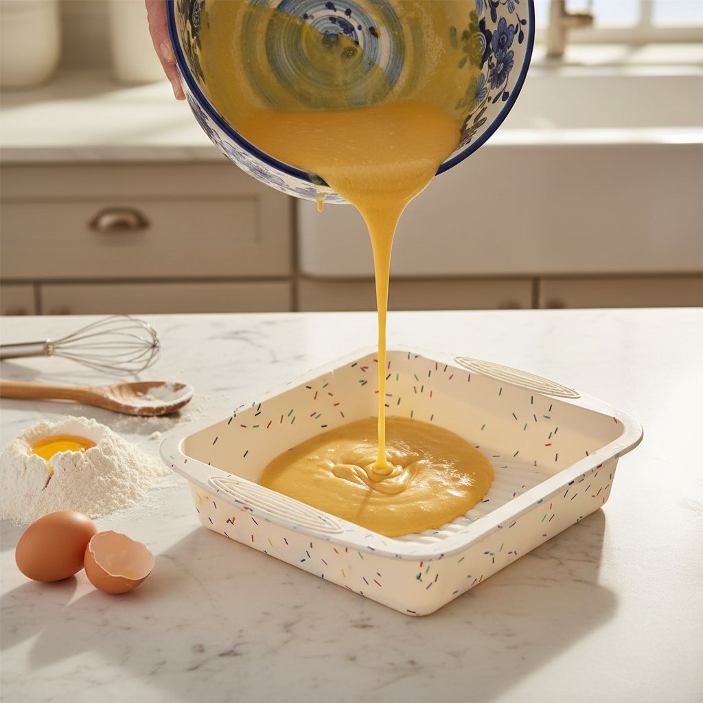 Versement pâte dans Moule en silicone carré 