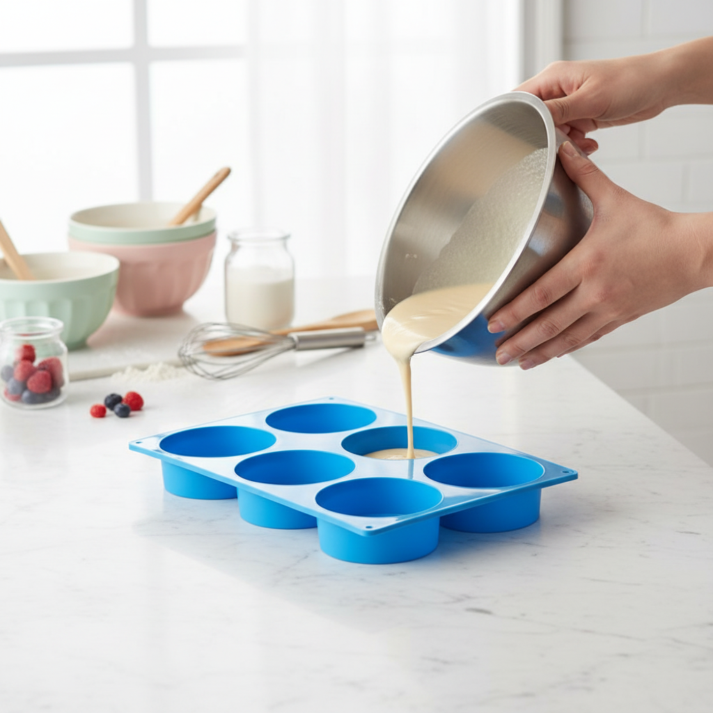 versement pâte pâtissière dans moule en silicone rond bleu 