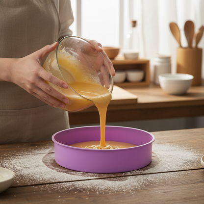 femme verse pâte gâteau dans moules silicone ronds